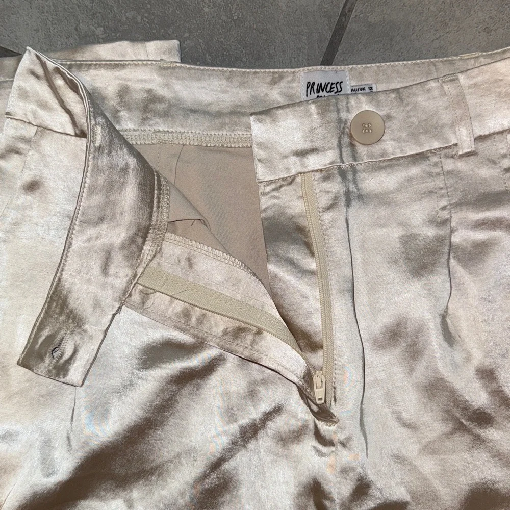 Princess Polly champagne silk trousers size 8 wide leg
